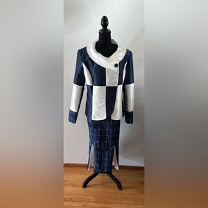 Donna Vinci Navy and White Godet Pleated 2 Pc Skirt Suit w/Bling NWT, Size 18